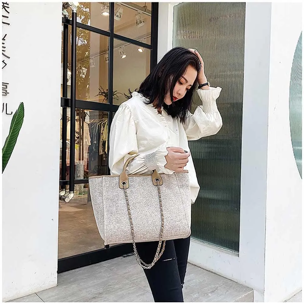 Women's canvas shoulder bag, large capacity handbag, single shoulder bag, handbag with chain (khaki)