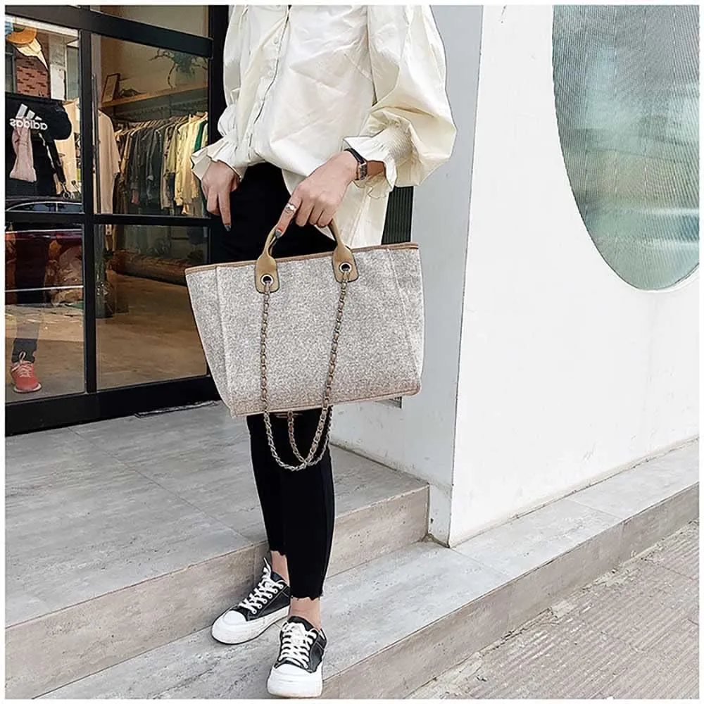 Women's canvas shoulder bag, large capacity handbag, single shoulder bag, handbag with chain (khaki)