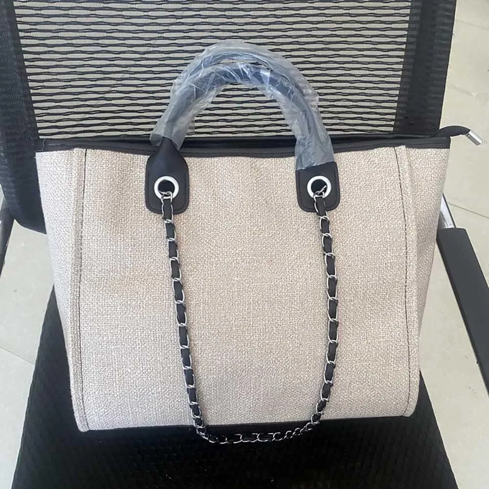Women's canvas shoulder bag, large capacity handbag, single shoulder bag, handbag with chain (White)