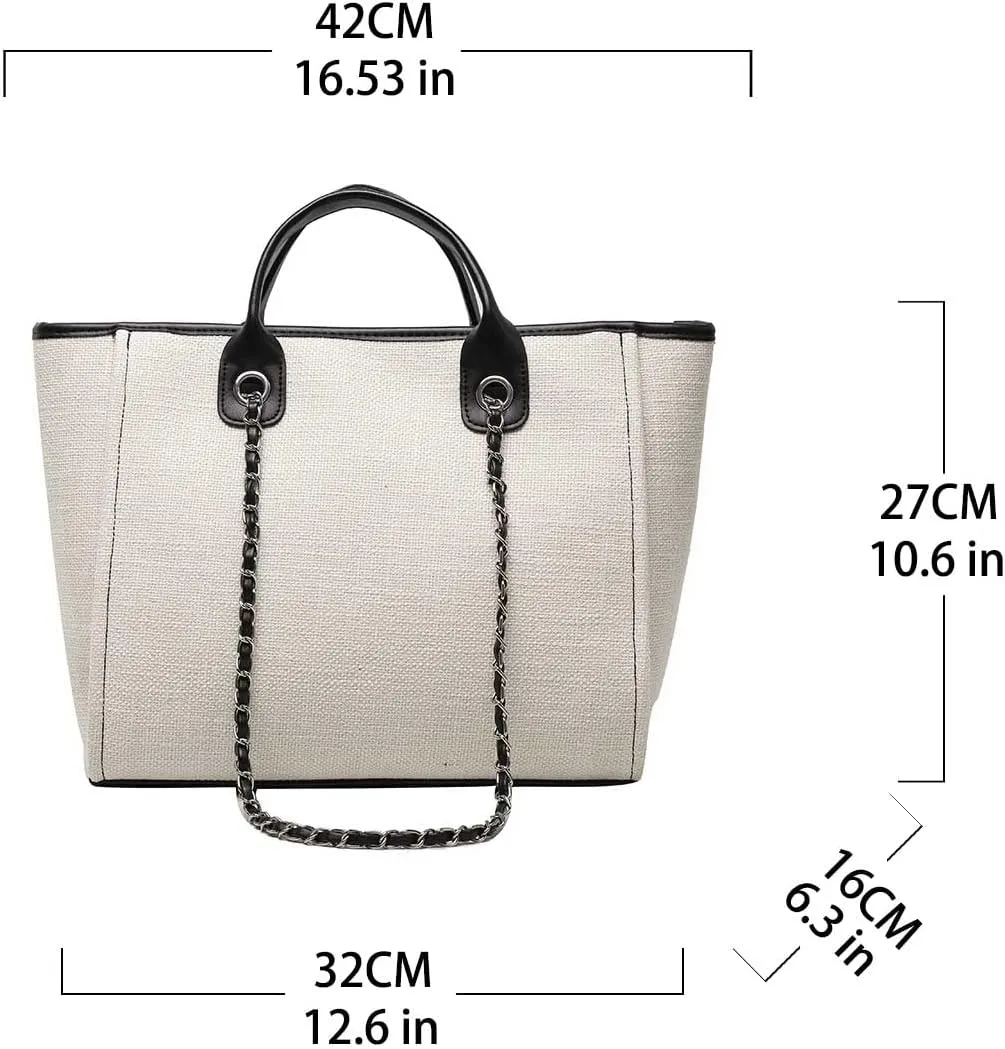Women's canvas shoulder bag, large capacity handbag, single shoulder bag, handbag with chain (White)