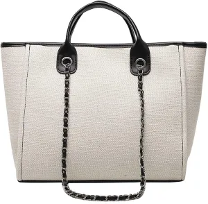 Women's canvas shoulder bag, large capacity handbag, single shoulder bag, handbag with chain (White)