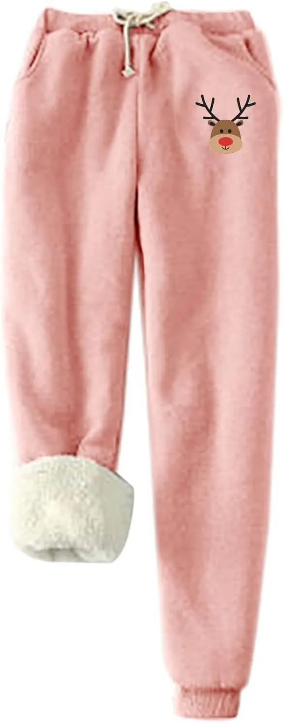 Women's Casual Sherpa Leggings Printed Fleece Lined Winter Warm Pants Thick Athletic Sweatpants Jogger with Pockets