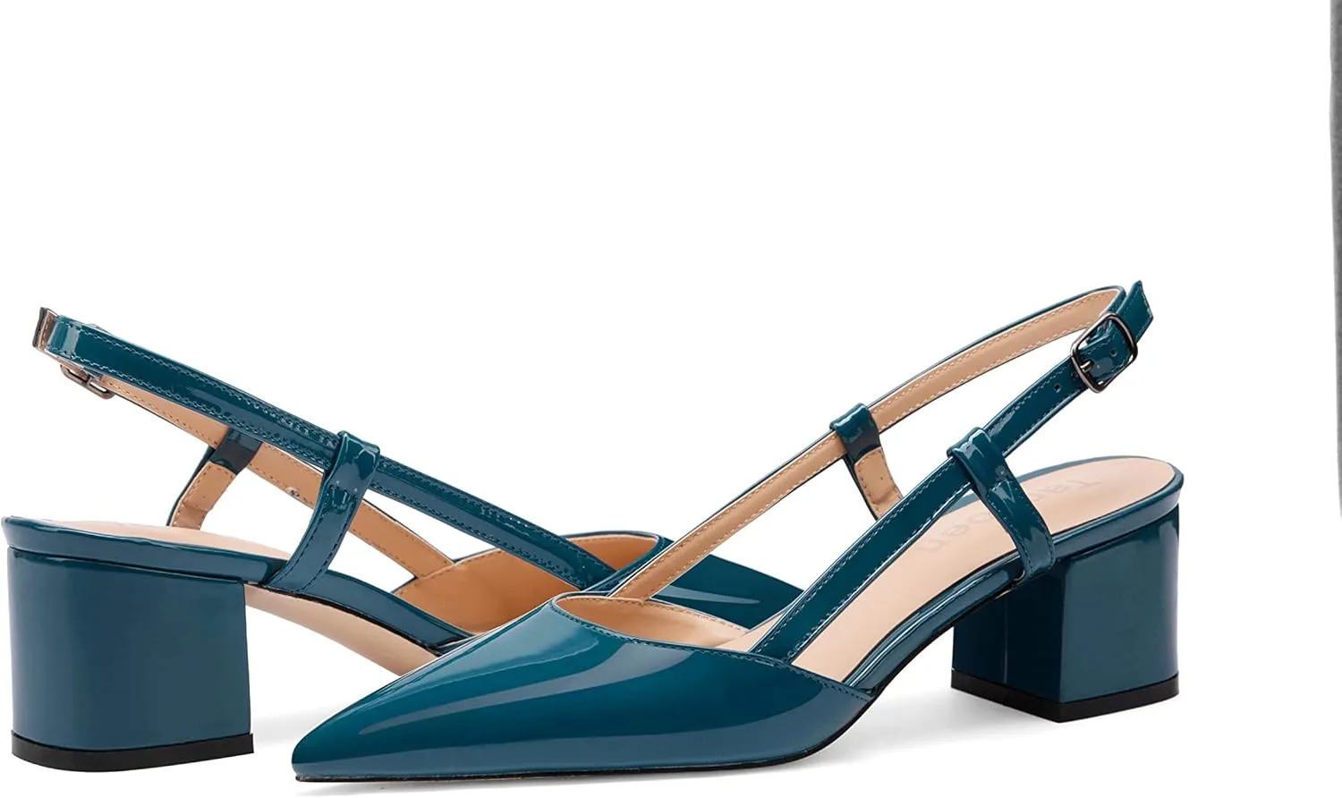 Women's Chunky Patent Leather Low Heel 1.5 Inch Ankle Strap Slingback Pointed Toe Pumps Business Work Dress Shoes