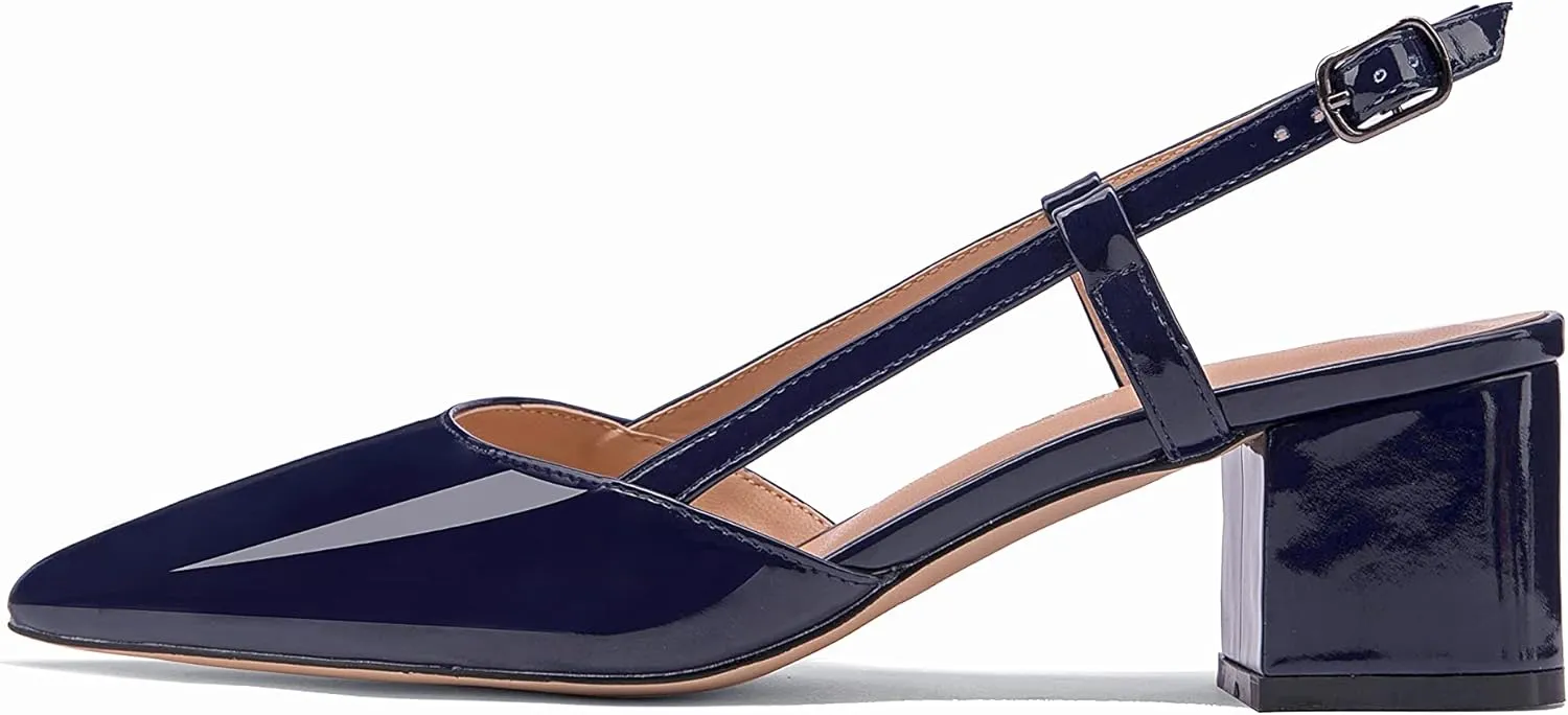 Women's Chunky Patent Leather Low Heel 1.5 Inch Ankle Strap Slingback Pointed Toe Pumps Business Work Dress Shoes