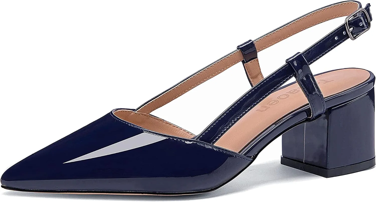Women's Chunky Patent Leather Low Heel 1.5 Inch Ankle Strap Slingback Pointed Toe Pumps Business Work Dress Shoes
