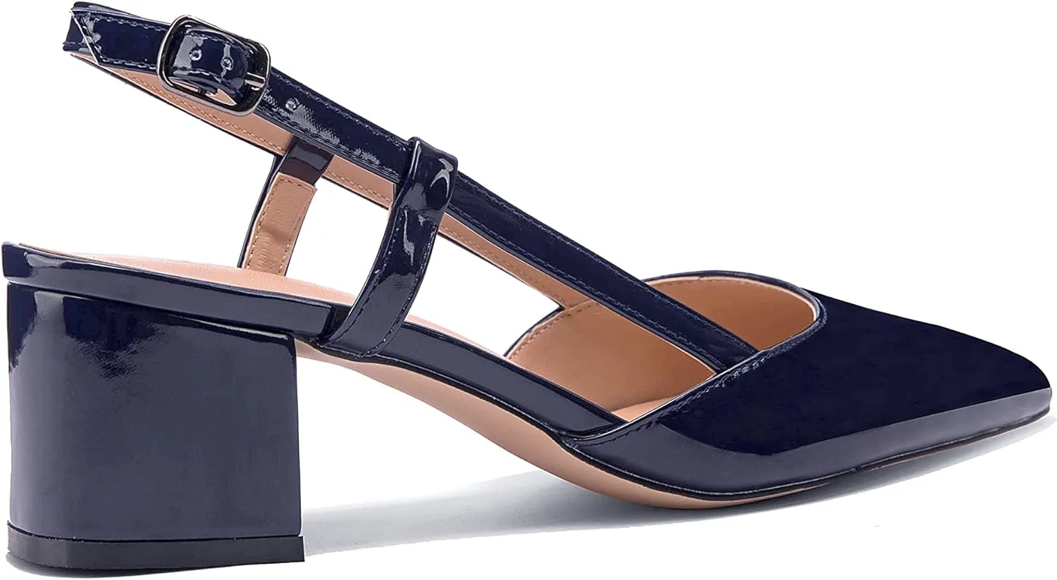 Women's Chunky Patent Leather Low Heel 1.5 Inch Ankle Strap Slingback Pointed Toe Pumps Business Work Dress Shoes