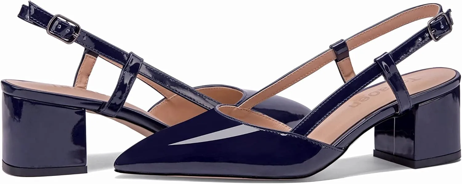 Women's Chunky Patent Leather Low Heel 1.5 Inch Ankle Strap Slingback Pointed Toe Pumps Business Work Dress Shoes