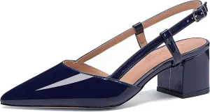 Women's Chunky Patent Leather Low Heel 1.5 Inch Ankle Strap Slingback Pointed Toe Pumps Business Work Dress Shoes