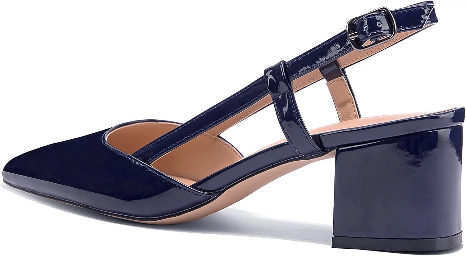 Women's Chunky Patent Leather Low Heel 1.5 Inch Ankle Strap Slingback Pointed Toe Pumps Business Work Dress Shoes