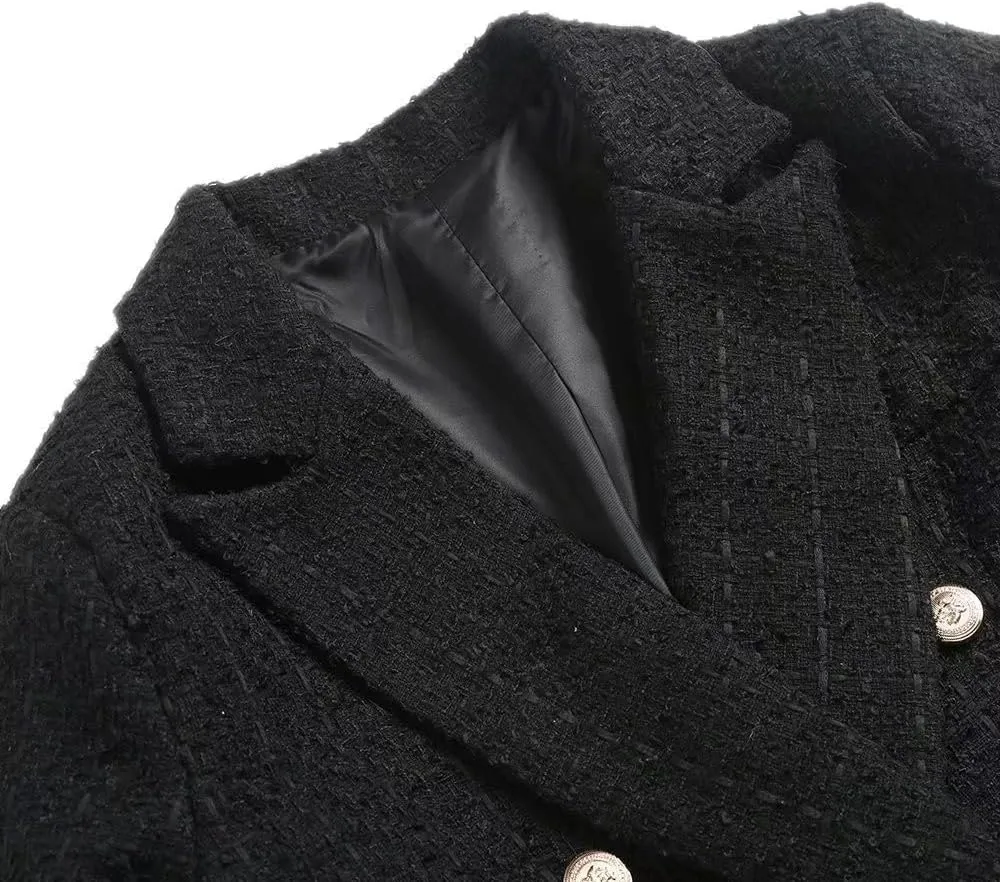 Womens Double Breasted Tweed Blazers Notch Lapel Business Casual Long Sleeve Open Front Blazer Jackets Work Suits