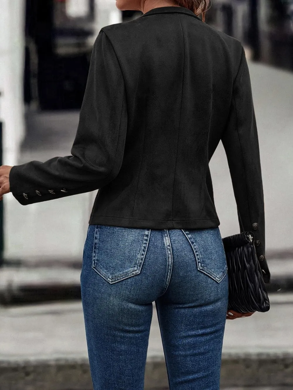 Women's Fall 2024 Faux Suede Leather Jacket Office Work Long Sleeve Slim Fit Blazer Jacket Coat