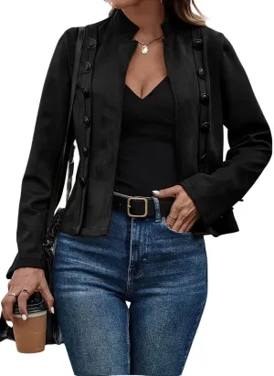Women's Fall 2024 Faux Suede Leather Jacket Office Work Long Sleeve Slim Fit Blazer Jacket Coat