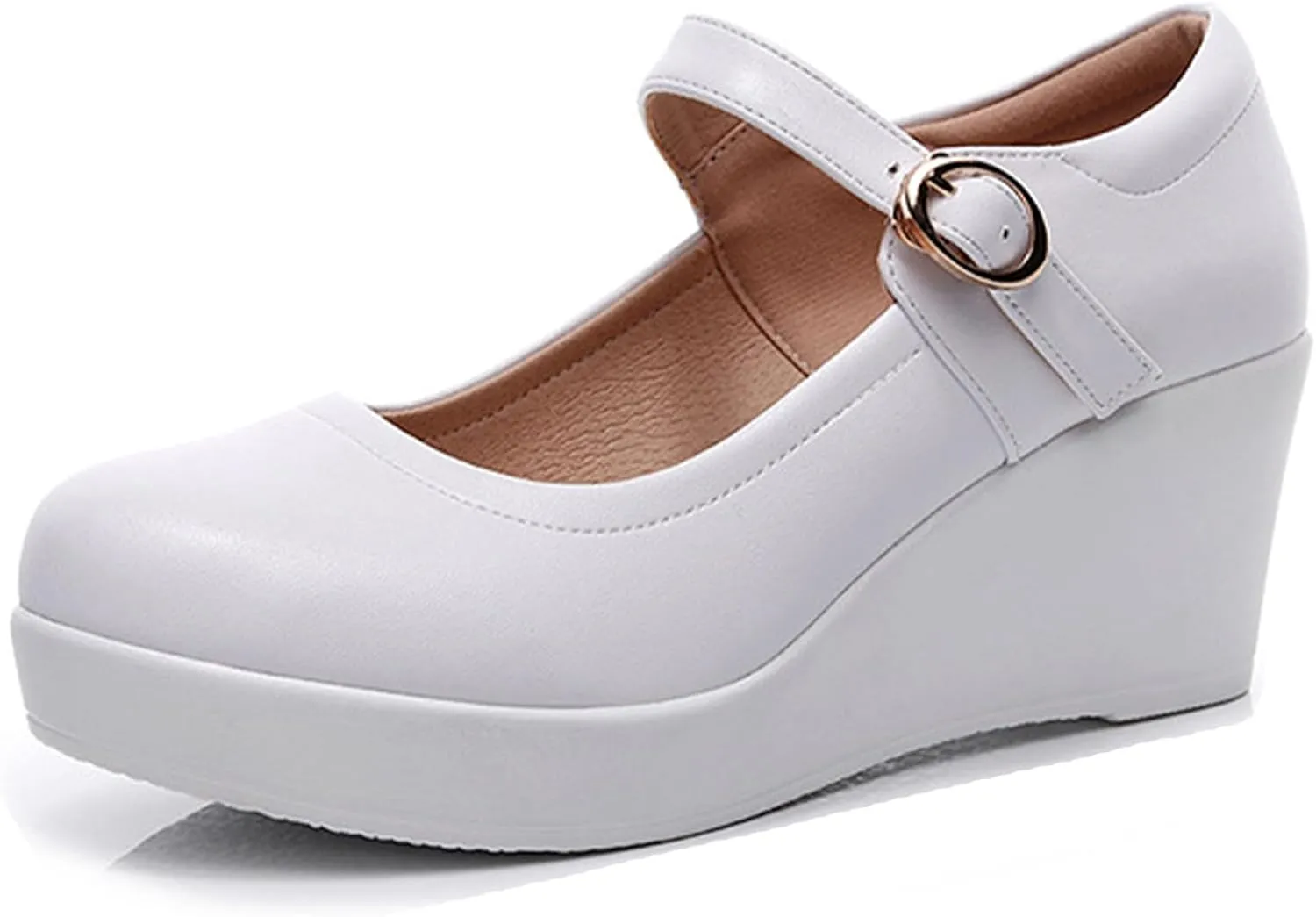 Women's Genuine Leather Platform Wedge Mary Jane Shoes Classic Round to Ankle Strap Height Increase Dress Pumps Daily Business Office Formal Shoes