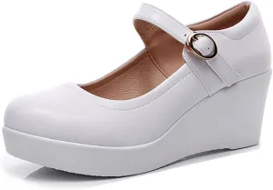 Women's Genuine Leather Platform Wedge Mary Jane Shoes Classic Round to Ankle Strap Height Increase Dress Pumps Daily Business Office Formal Shoes