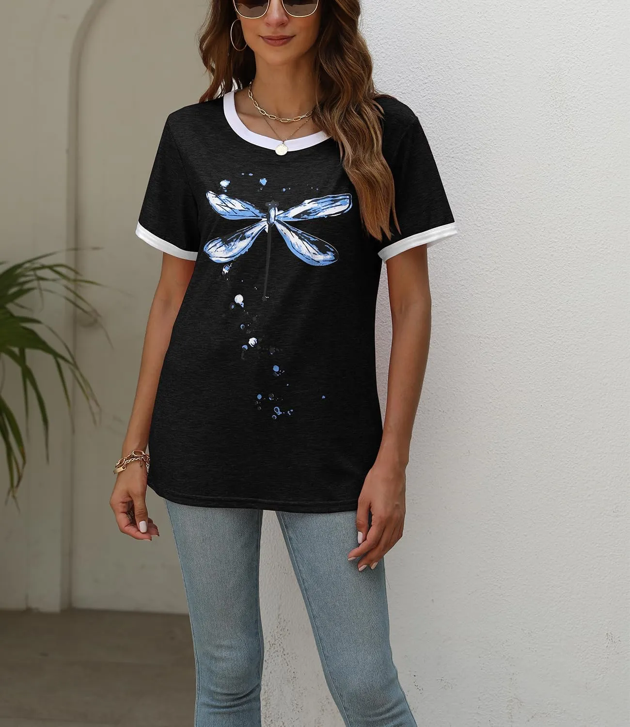 Women's Graphic Tees Casual Summer Funny Dragonfly Printed Short Sleeve Cute T Shirts Tops