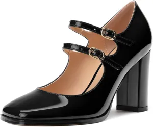 Women's High Heel Mary Jane Single Shoes, Chunky Heel Square Toe Pumps for Women, Closed Toe Work Party Dress Shoes