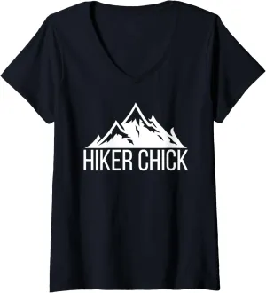 Womens Hiker chick hiking girl mountain range design V-Neck T-Shirt