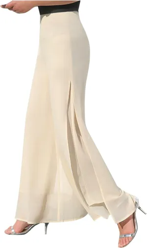 Women's Lightweight Chiffon Flowy Wide Leg Dress Pants High Elastic Waisted Trousers Flared Business Casual Pants