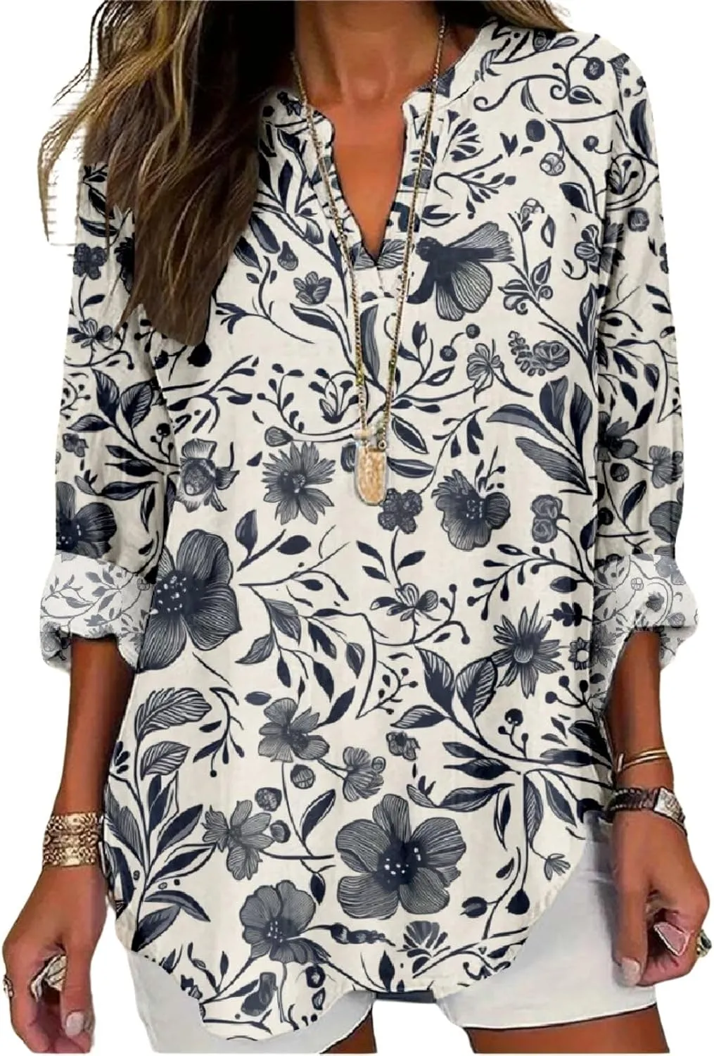 Women's Long Sleeve Floral Print Shirts V-Neck Casual Loose Fit Vintage Printed Blouses Elegant Lightweight Top