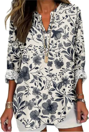 Women's Long Sleeve Floral Print Shirts V-Neck Casual Loose Fit Vintage Printed Blouses Elegant Lightweight Top