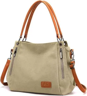 Women's Multi-pocket Shoulder Bag Satchel Fashion Canvas Handbag Simple Tote Purse Top-Handle Bag
