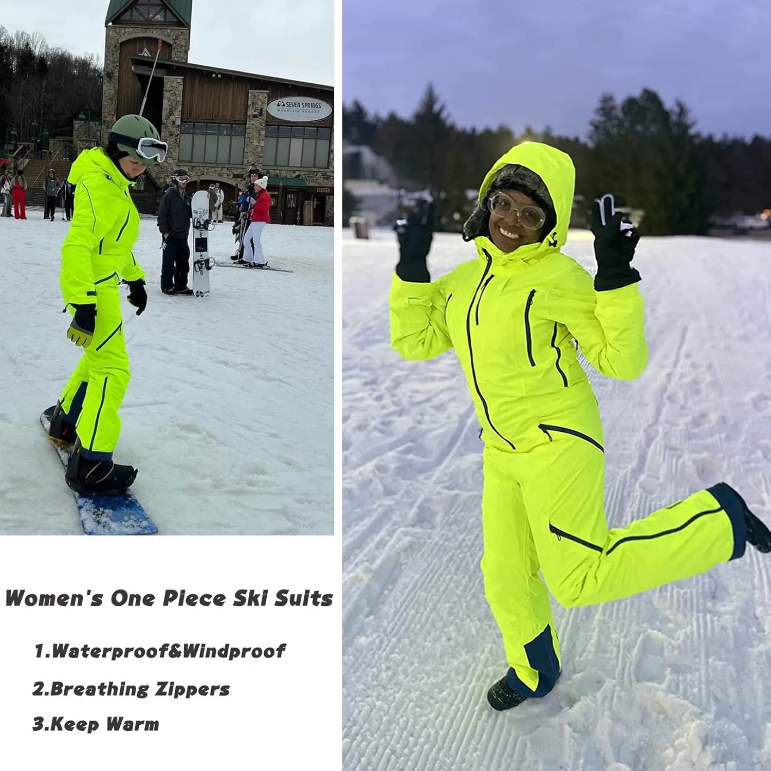 Women's One Piece Ski Suits Windproof Jumpsuit Waterproof Warm Breathable Detachable Hood Snowsuit For Snow Sports