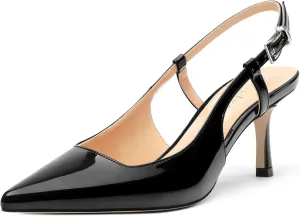 Women's Patent Leather Ankle Strap Slingback Pointed Toe Mid Heel Pumps Business Office Work Dress Shoes 2.55 Inch