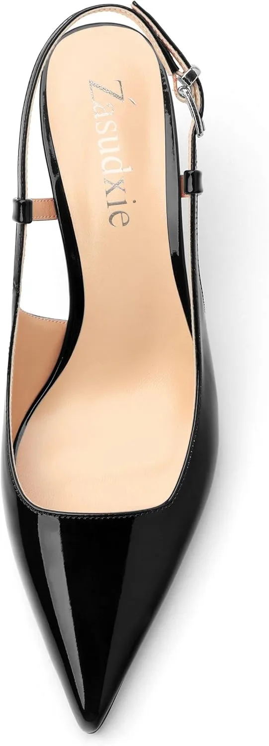 Women's Patent Leather Ankle Strap Slingback Pointed Toe Mid Heel Pumps Business Office Work Dress Shoes 2.55 Inch