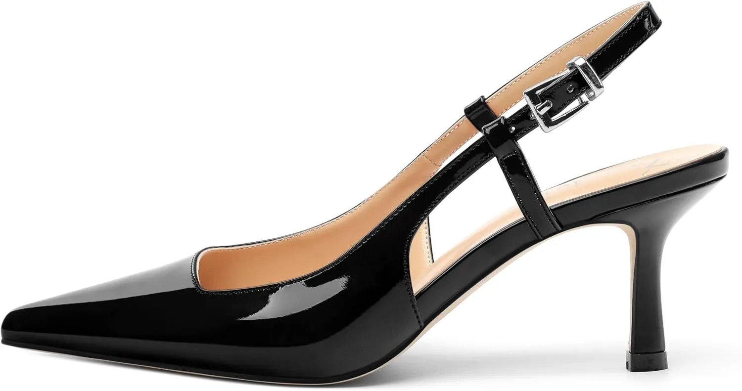 Women's Patent Leather Ankle Strap Slingback Pointed Toe Mid Heel Pumps Business Office Work Dress Shoes 2.55 Inch