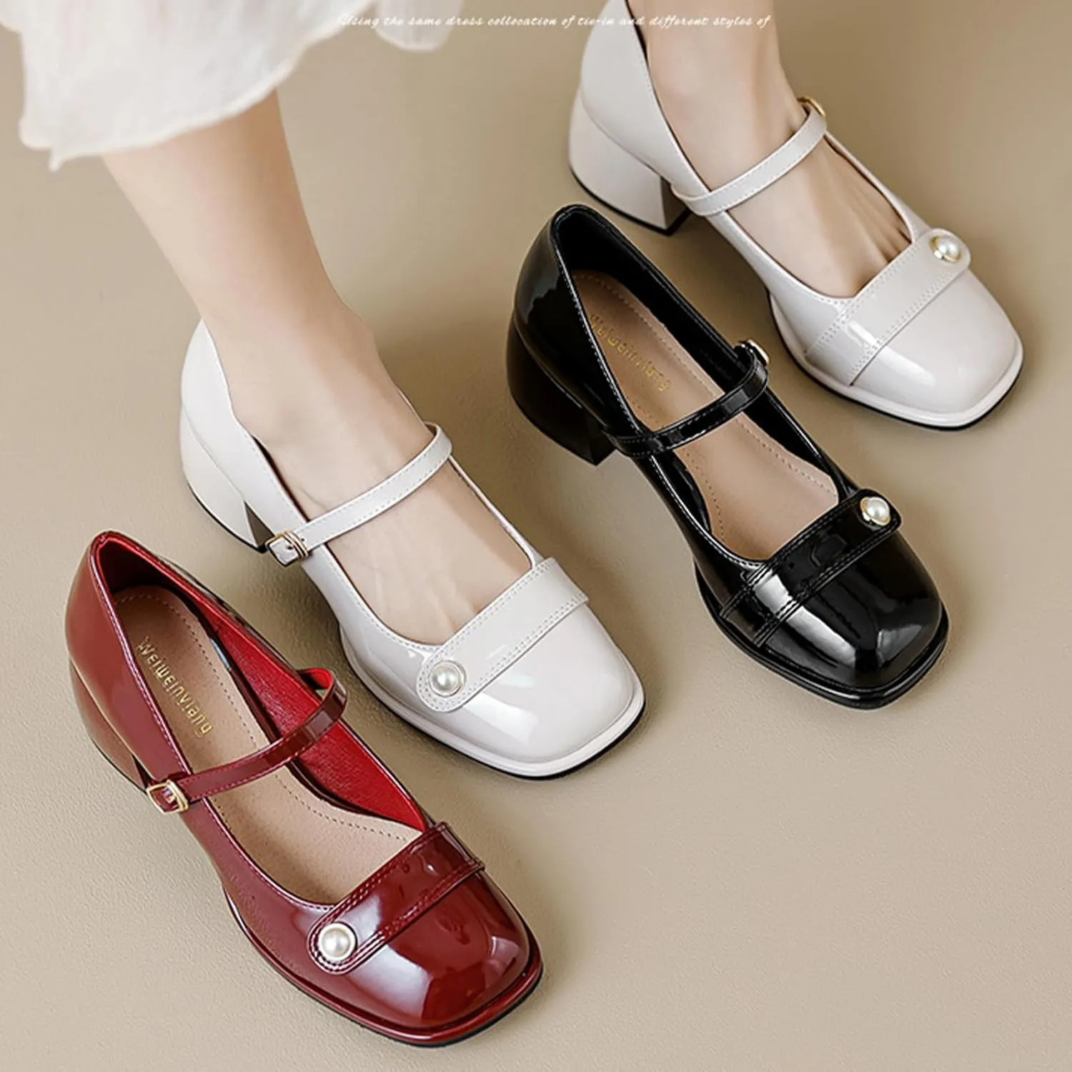 Women's Patent Leather Pearl Monk Strap Chunky Heel Mary Janes Fashion Square Toe Ankle Strap Mid Block Heel Business Formal Pumps Grace Wedding Prom Party Dress Shoes