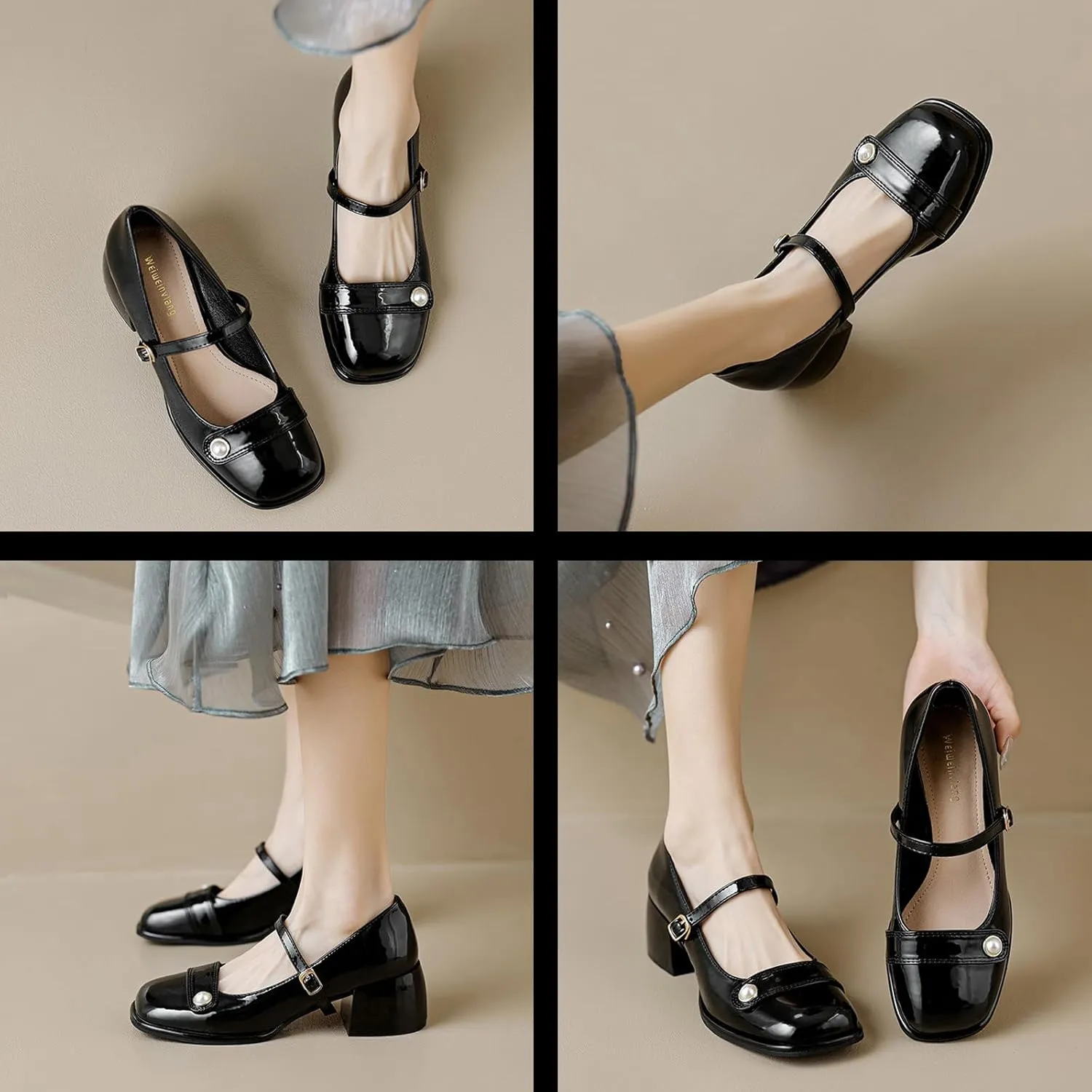 Women's Patent Leather Pearl Monk Strap Chunky Heel Mary Janes Fashion Square Toe Ankle Strap Mid Block Heel Business Formal Pumps Grace Wedding Prom Party Dress Shoes
