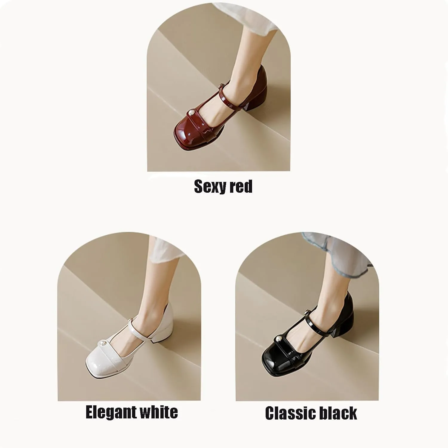 Women's Patent Leather Pearl Monk Strap Chunky Heel Mary Janes Fashion Square Toe Ankle Strap Mid Block Heel Business Formal Pumps Grace Wedding Prom Party Dress Shoes