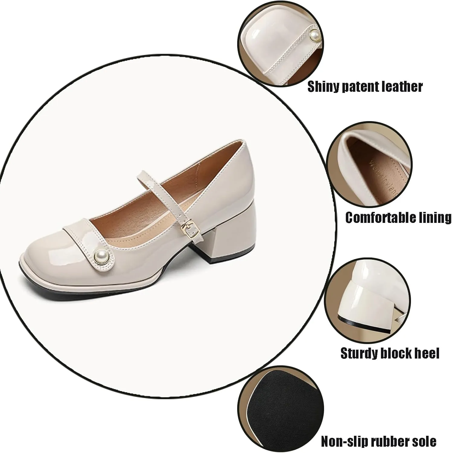 Women's Patent Leather Pearl Monk Strap Chunky Heel Mary Janes Fashion Square Toe Ankle Strap Mid Block Heel Business Formal Pumps Grace Wedding Prom Party Dress Shoes