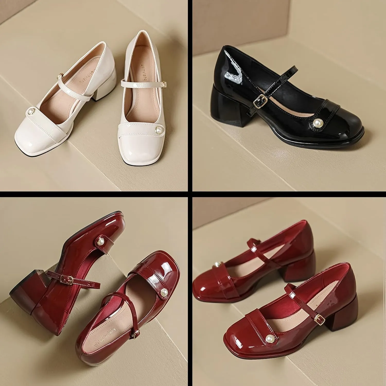 Women's Patent Leather Pearl Monk Strap Chunky Heel Mary Janes Fashion Square Toe Ankle Strap Mid Block Heel Business Formal Pumps Grace Wedding Prom Party Dress Shoes