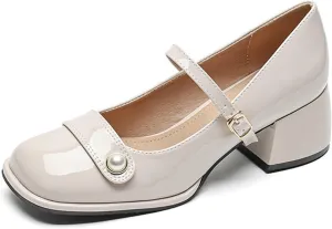 Women's Patent Leather Pearl Monk Strap Chunky Heel Mary Janes Fashion Square Toe Ankle Strap Mid Block Heel Business Formal Pumps Grace Wedding Prom Party Dress Shoes