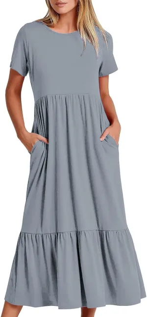 Women's Short Sleeve Casual Midi Dresses Simple Solid Color Sun Dresses Comfy Fashion Loose Fi Dress with Pockets