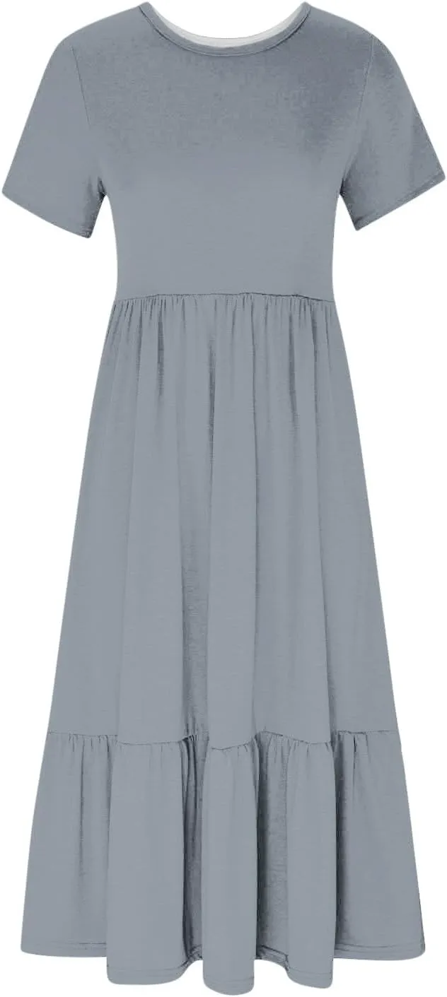 Women's Short Sleeve Casual Midi Dresses Simple Solid Color Sun Dresses Comfy Fashion Loose Fi Dress with Pockets