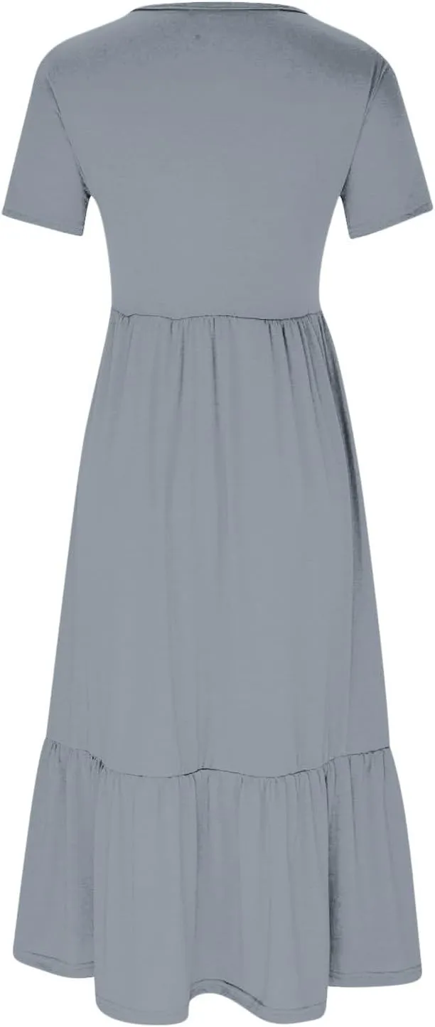 Women's Short Sleeve Casual Midi Dresses Simple Solid Color Sun Dresses Comfy Fashion Loose Fi Dress with Pockets