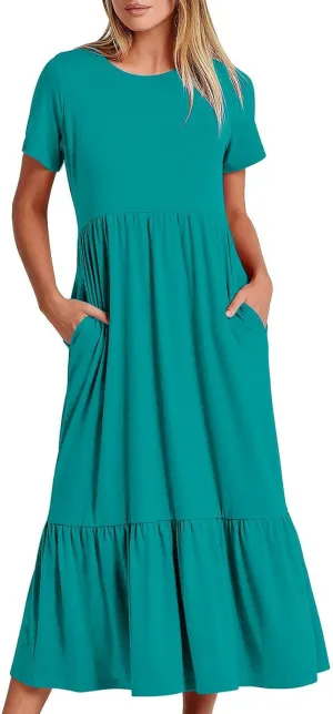 Womens Short Sleeve Trendy Midi Dress Simple Solid Color Long Dresses Crewneck Loose Fit Casual Sundress