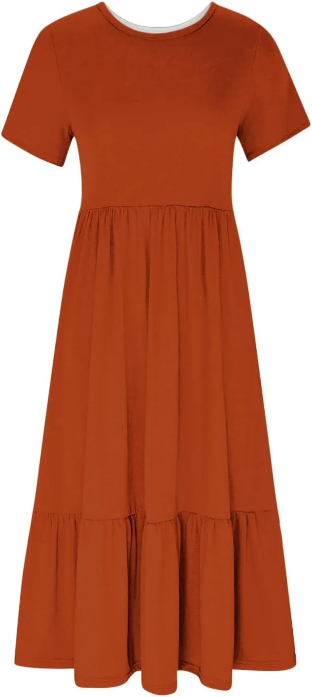 Womens Short Sleeve Trendy Midi Dress Simple Solid Color Long Dresses Crewneck Loose Fit Casual Sundress