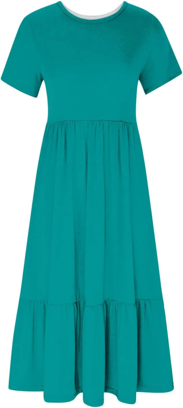 Womens Short Sleeve Trendy Midi Dress Simple Solid Color Long Dresses Crewneck Loose Fit Casual Sundress