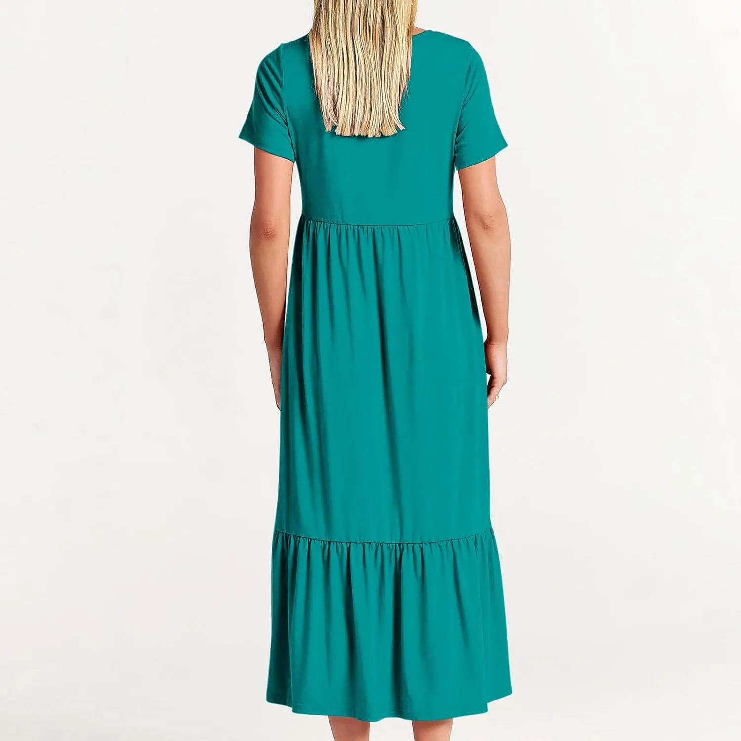 Womens Short Sleeve Trendy Midi Dress Simple Solid Color Long Dresses Crewneck Loose Fit Casual Sundress