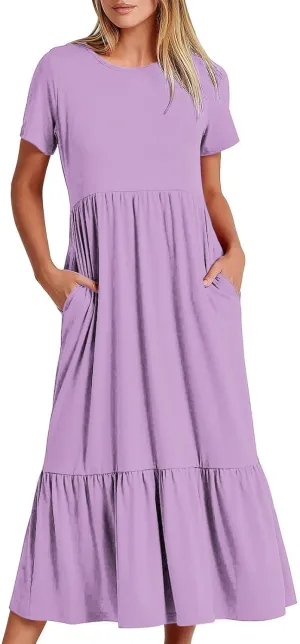 Womens Short Sleeve Trendy Midi Dress Simple Solid Color Long Dresses Crewneck Loose Fit Casual Sundress
