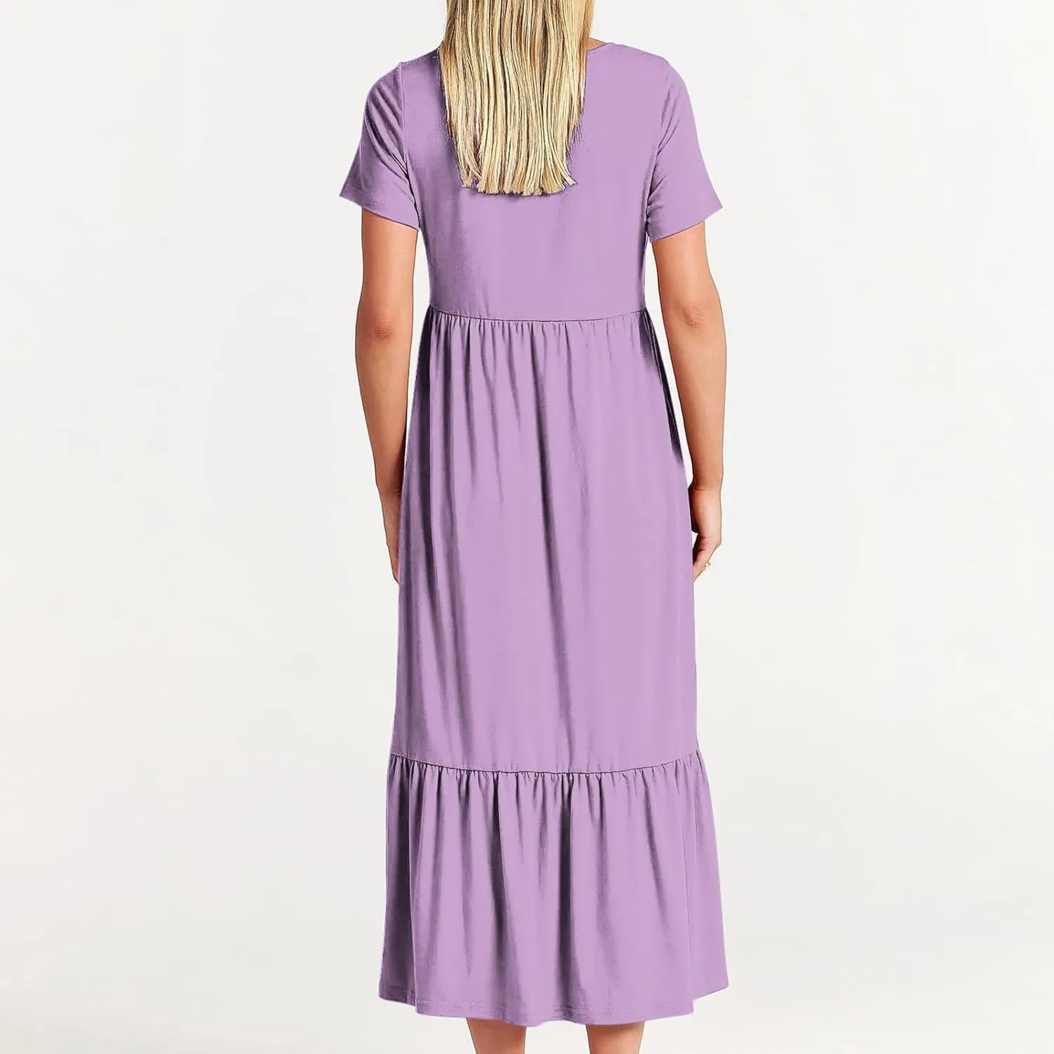 Womens Short Sleeve Trendy Midi Dress Simple Solid Color Long Dresses Crewneck Loose Fit Casual Sundress