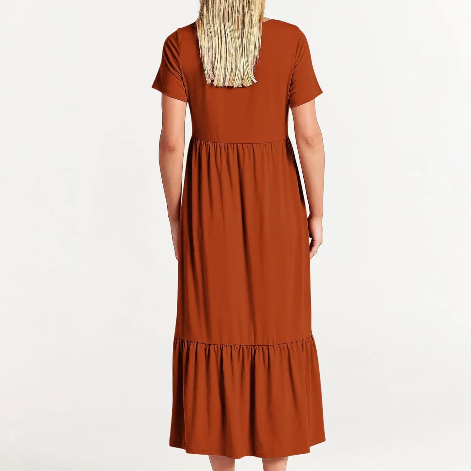 Womens Short Sleeve Trendy Midi Dress Simple Solid Color Long Dresses Crewneck Loose Fit Casual Sundress