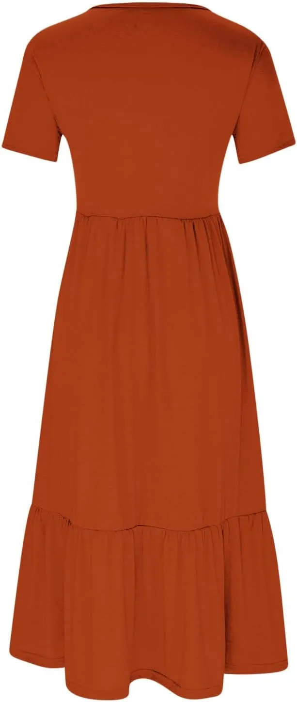Womens Short Sleeve Trendy Midi Dress Simple Solid Color Long Dresses Crewneck Loose Fit Casual Sundress