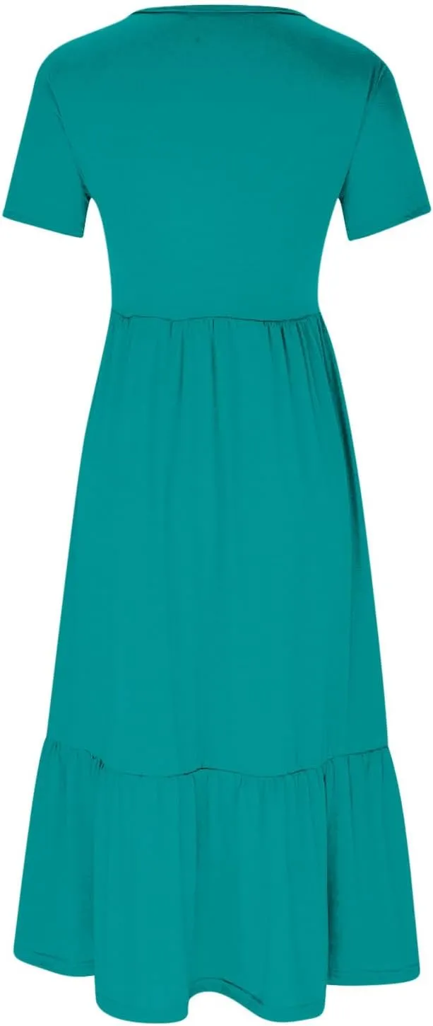 Womens Short Sleeve Trendy Midi Dress Simple Solid Color Long Dresses Crewneck Loose Fit Casual Sundress