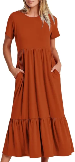 Womens Short Sleeve Trendy Midi Dress Simple Solid Color Long Dresses Crewneck Loose Fit Casual Sundress