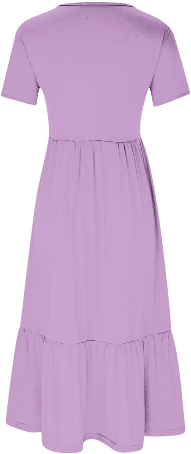 Womens Short Sleeve Trendy Midi Dress Simple Solid Color Long Dresses Crewneck Loose Fit Casual Sundress