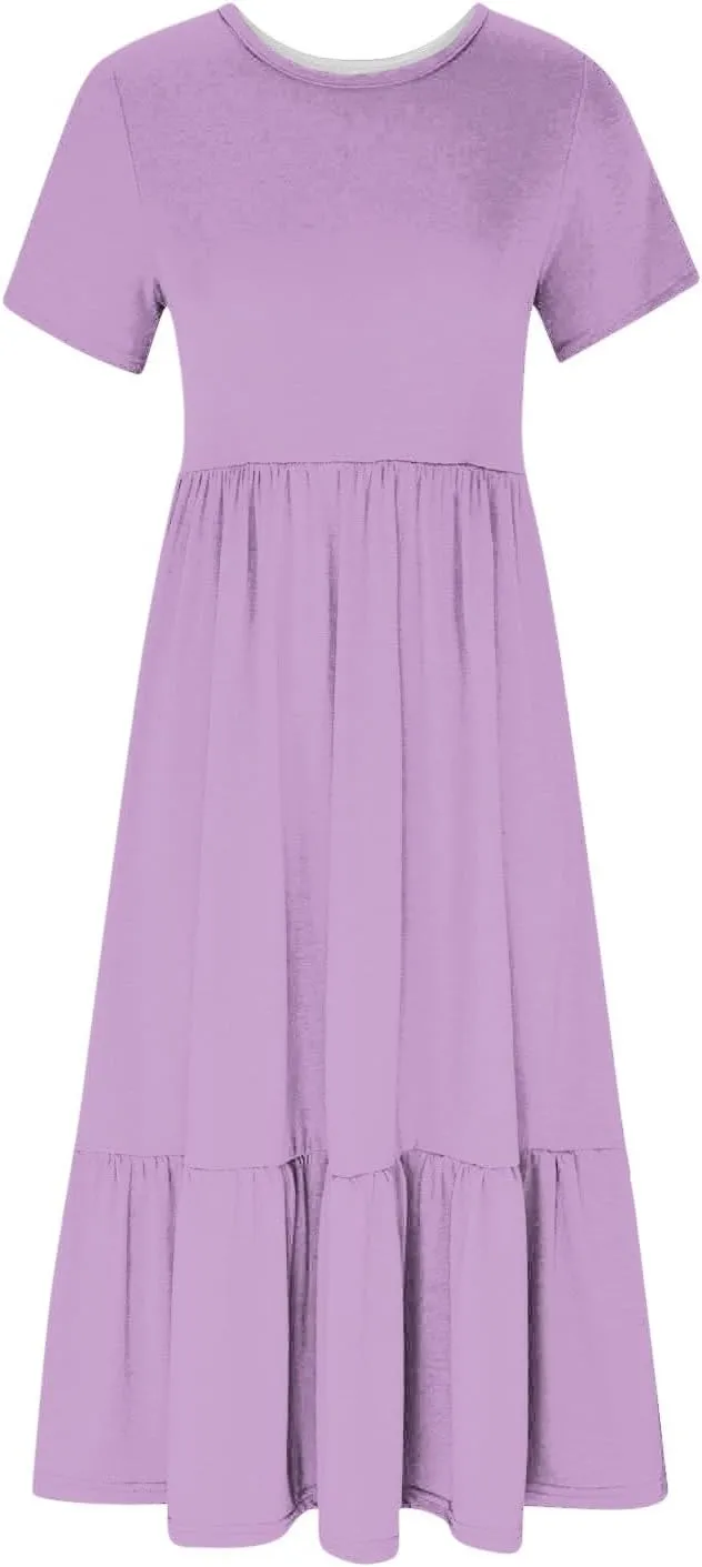 Womens Short Sleeve Trendy Midi Dress Simple Solid Color Long Dresses Crewneck Loose Fit Casual Sundress